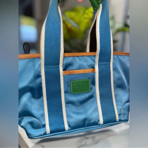 Coach Handbags - Mini Coach Blue Satin Tote with Green Leather Patch